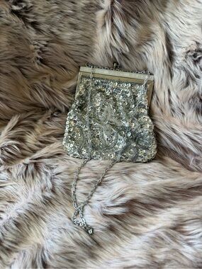 Vintage Silver Beaded Sequin Evening Clutch Bag flexible handle strap Safram